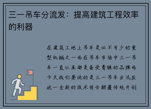 三一吊车分流发：提高建筑工程效率的利器