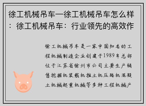 徐工机械吊车—徐工机械吊车怎么样：徐工机械吊车：行业领先的高效作业利器